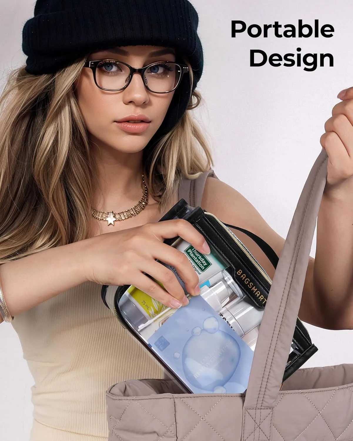 BAGSMART Clear Makeup Bag, TSA Approved Toiletry Bag, Makeup Cosmetic Pouch Bag for Women Quart Size Compliant Bag Organizer for Travel Essentials (Khaki,Pack of 1)