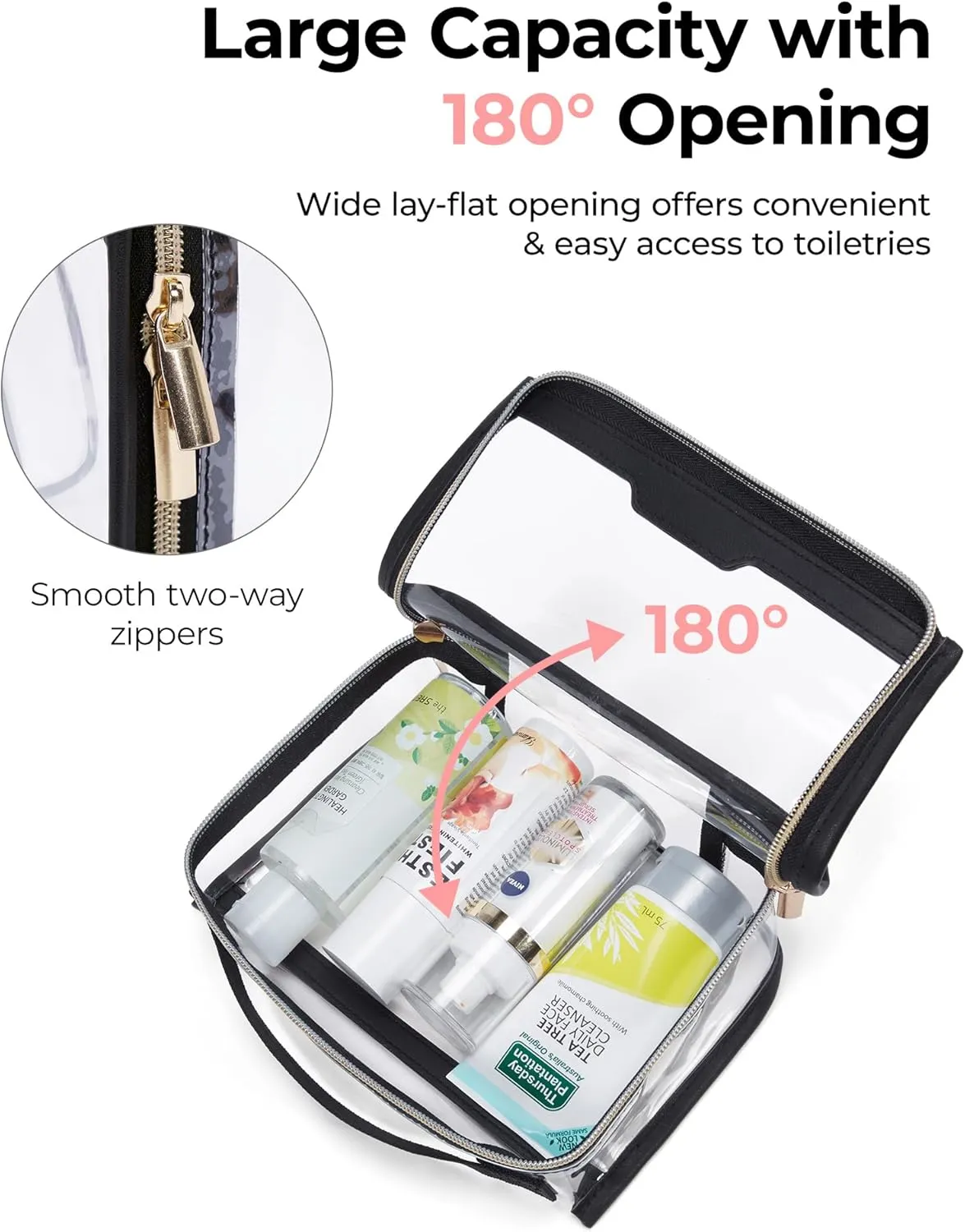 BAGSMART TSA Approved Toiletry Bag, Clear Travel Toiletry Bag, Makeup Cosmetic Pouch Bag for Women Quart Size Compliant Bag Organizer for Travel Essentials (Black Pack of 1,)