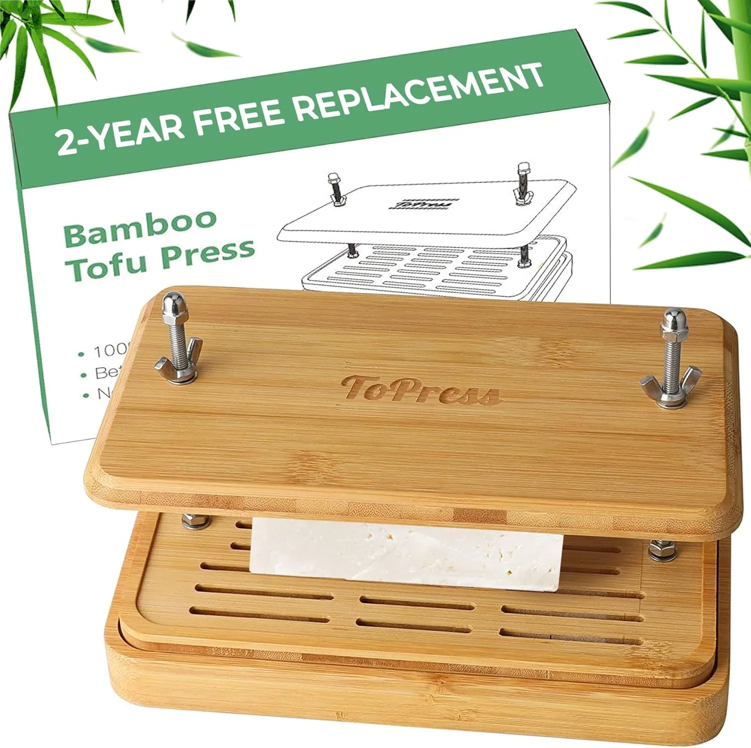 Bamboo Tofu Press, Built in Tofu Strainer and Drip Tray with Cheesecloth- Easily Remove Water from Tofu, Tofu Drainer, Fit for Tofu Size 16oz, Great Gift for Tofu Lover