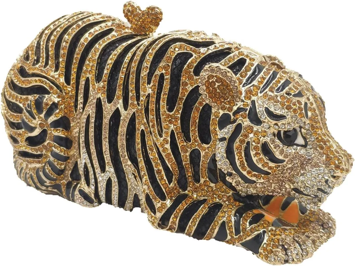 Boutique De FGG Tiger Rhinestone Clutch Purse for Women Formal Evening Bag Sparkly Bridal Wedding Crystal Clutch Bag,Mini