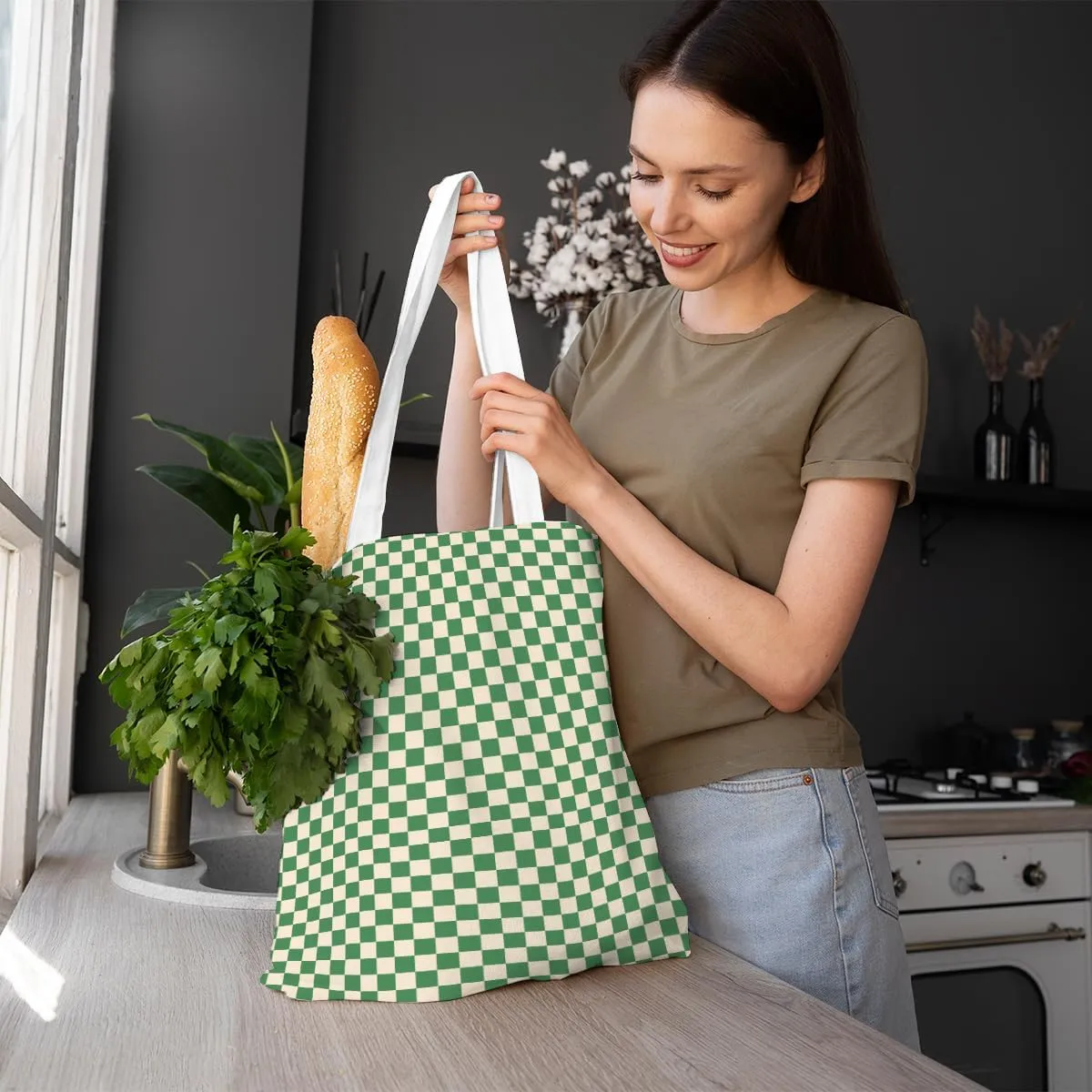 Checkered Tote Bag for Women Girls Friend Sister Vintage Plaid Beach Bag Classic Checkerboard Reusable Grocery Bags