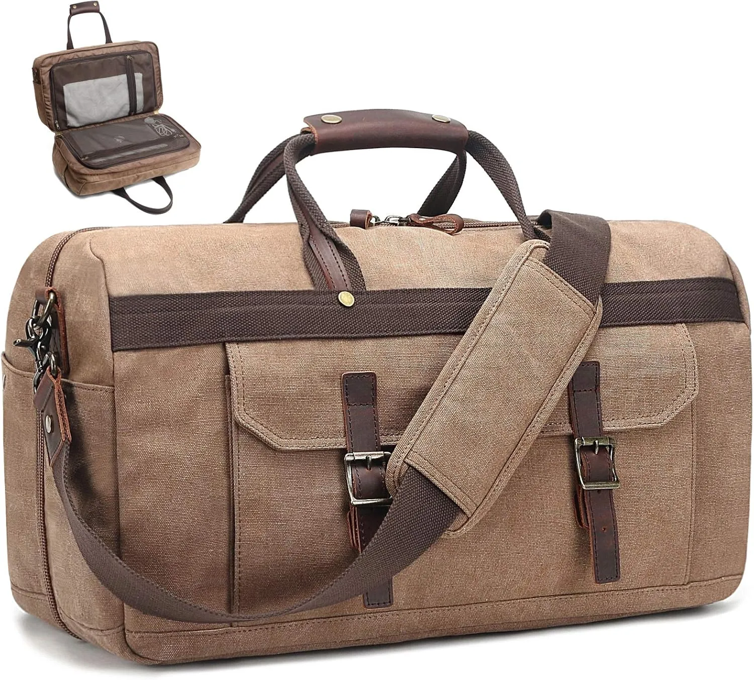 Duffle Bag for Men Waterproof Genuine Leather Canvas Travel Duffel Bags for Women Overnight Weekender Bag for Traveling