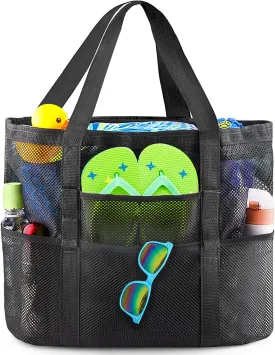EASYFUN Beach Bag Large Mesh Beach Bag Lightweight Beach Tote with 9 Pockets Foldable Beach Accessories