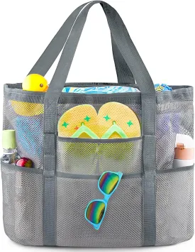 EASYFUN Beach Bag Large Mesh Beach Bag Lightweight Beach Tote with 9 Pockets Foldable Beach Accessories