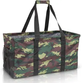 Extra Large Utility Tote Bag - Oversized Collapsible Reusable Wire Frame Rectangular Canvas Basket With Two Exterior Pockets For Beach, Pool, Laundry, Car Trunk, Storage - Camo