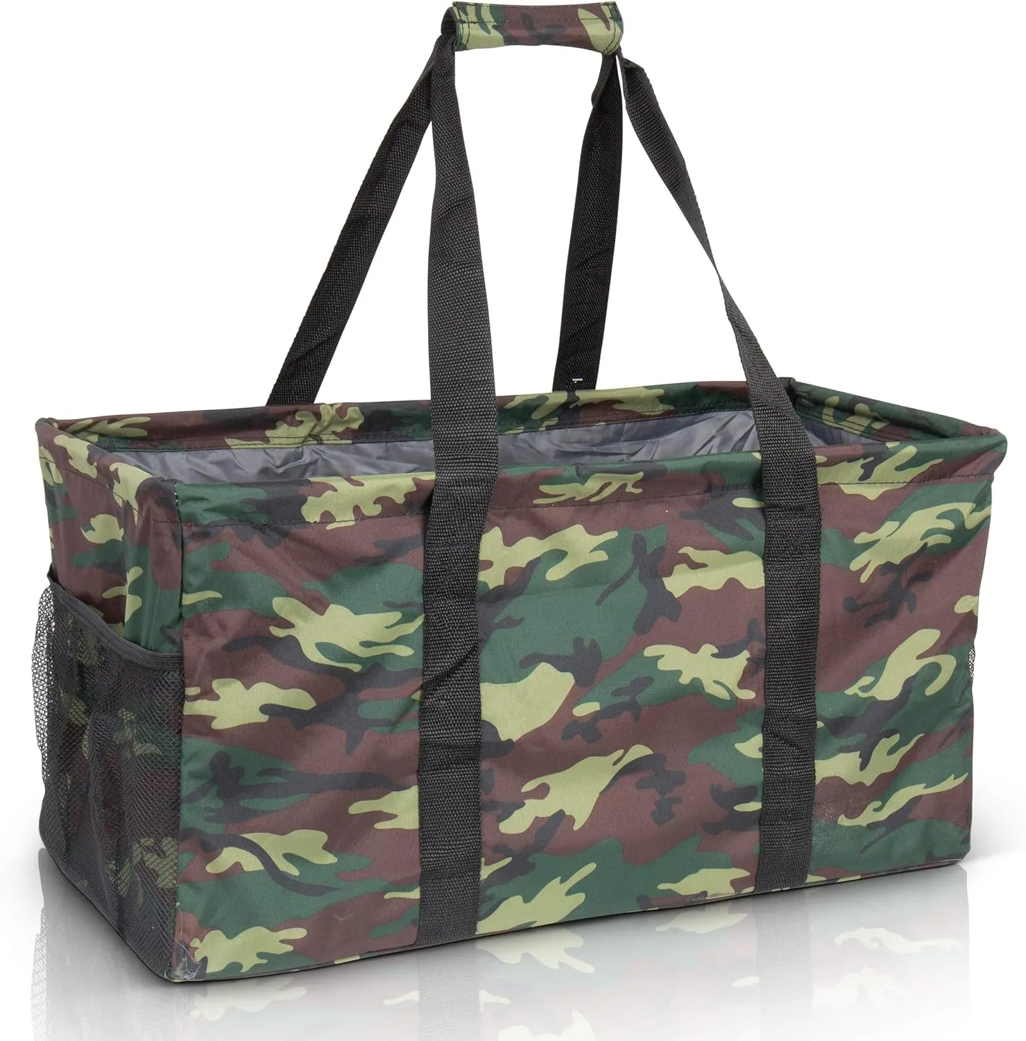Extra Large Utility Tote Bag - Oversized Collapsible Reusable Wire Frame Rectangular Canvas Basket With Two Exterior Pockets For Beach, Pool, Laundry, Car Trunk, Storage - Camo