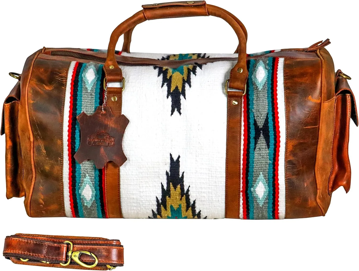 Handmade Duffle Bag leather heavy duty Gym Sports Airplane Overnight Luggage Carry On Unisex Travel Hand Rug Wollen Gift for His/Her (Excluding Shoe Compartment, Rug Duffle Bag ESC_03)