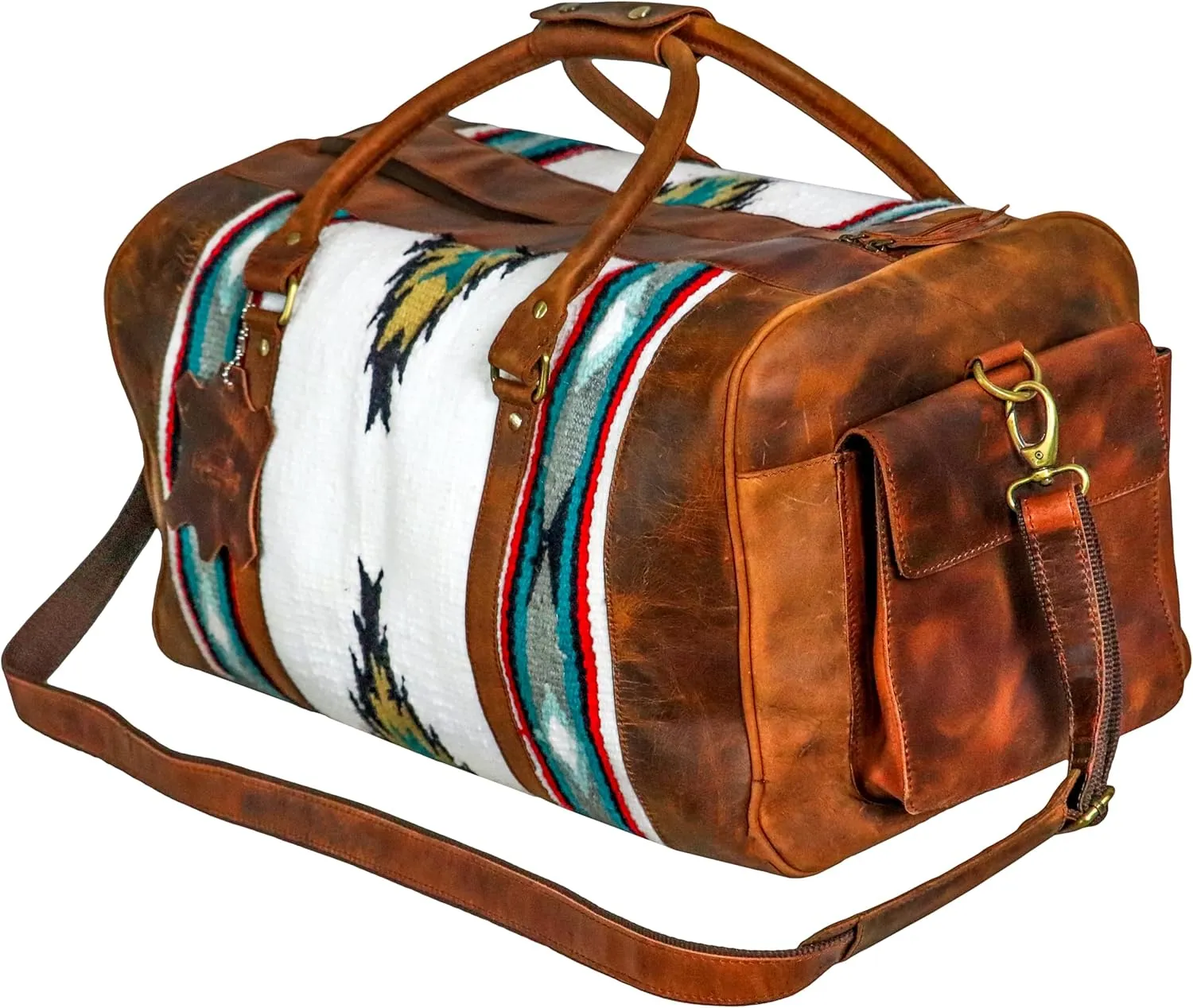 Handmade Duffle Bag leather heavy duty Gym Sports Airplane Overnight Luggage Carry On Unisex Travel Hand Rug Wollen Gift for His/Her (Excluding Shoe Compartment, Rug Duffle Bag ESC_03)