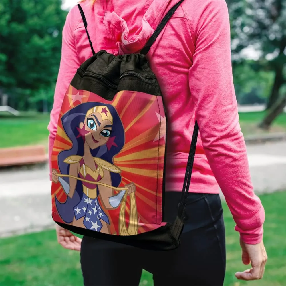 LOGOVISION DC Super Hero Girls Wonder Woman Drawstring Backpack Sports Bag Sackpack 17" x 13", Perfect for Gym, Yoga or Practice