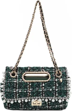 Nicole Lee Tweed Clutch Flap Bag, Pearl and Sequin Embellished with Vegan Leather, Chain Link Shoulder Straps (GREEN)