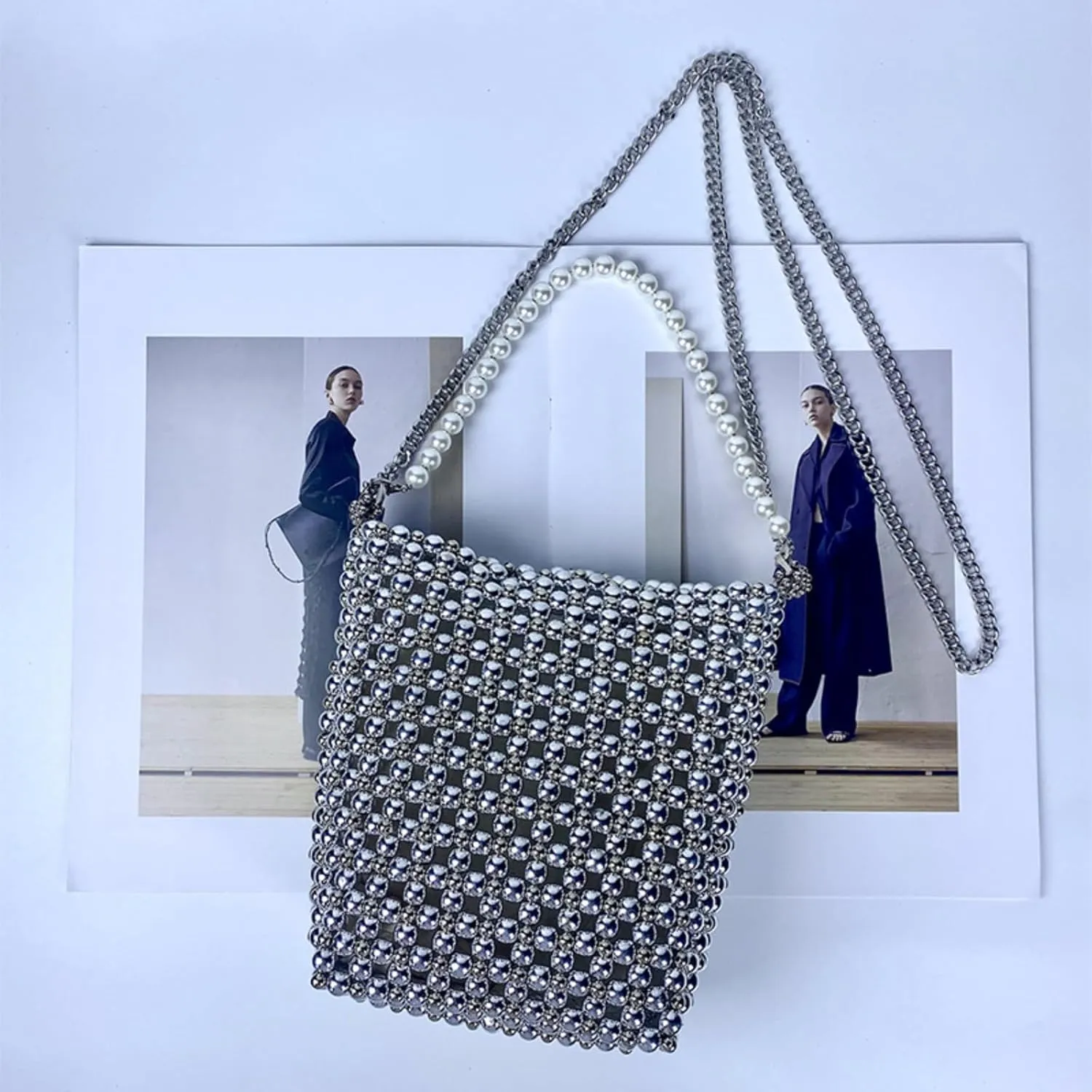 Pearl Bag, Acrylic Beaded Handmade Womens Bag, Pearl Clutch Purse Handheld Small Square Handbag for Women Party