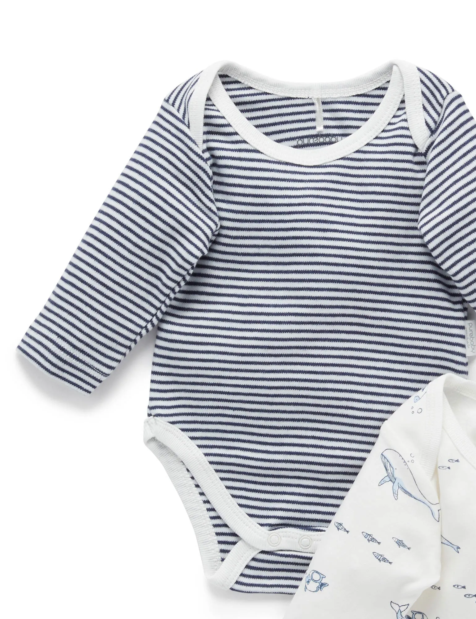 Purebaby Easy Neck Long Sleeve Bodysuit Twin Pack - Vanilla Nautical Pack