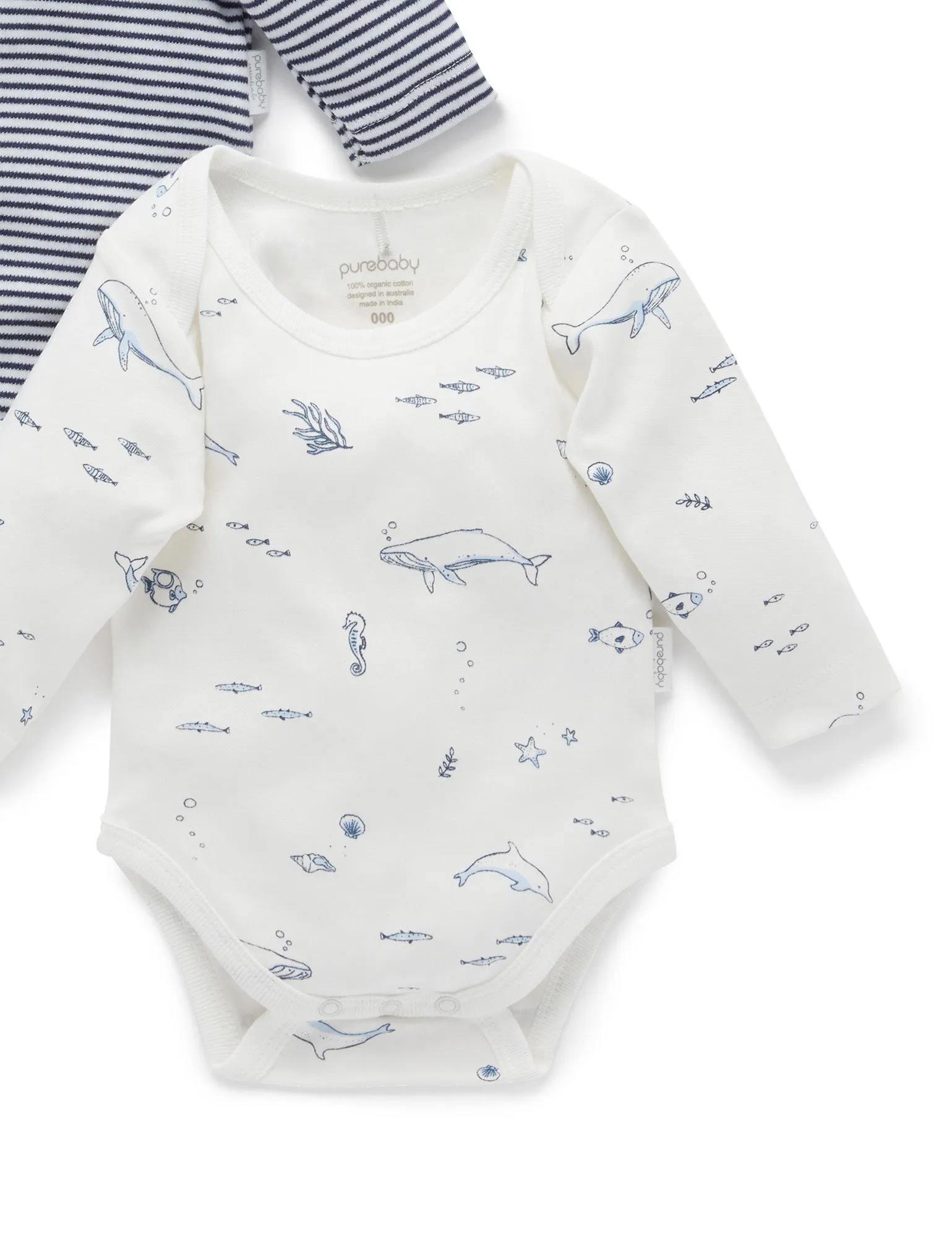 Purebaby Easy Neck Long Sleeve Bodysuit Twin Pack - Vanilla Nautical Pack