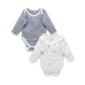 Purebaby Easy Neck Long Sleeve Bodysuit Twin Pack - Vanilla Nautical Pack