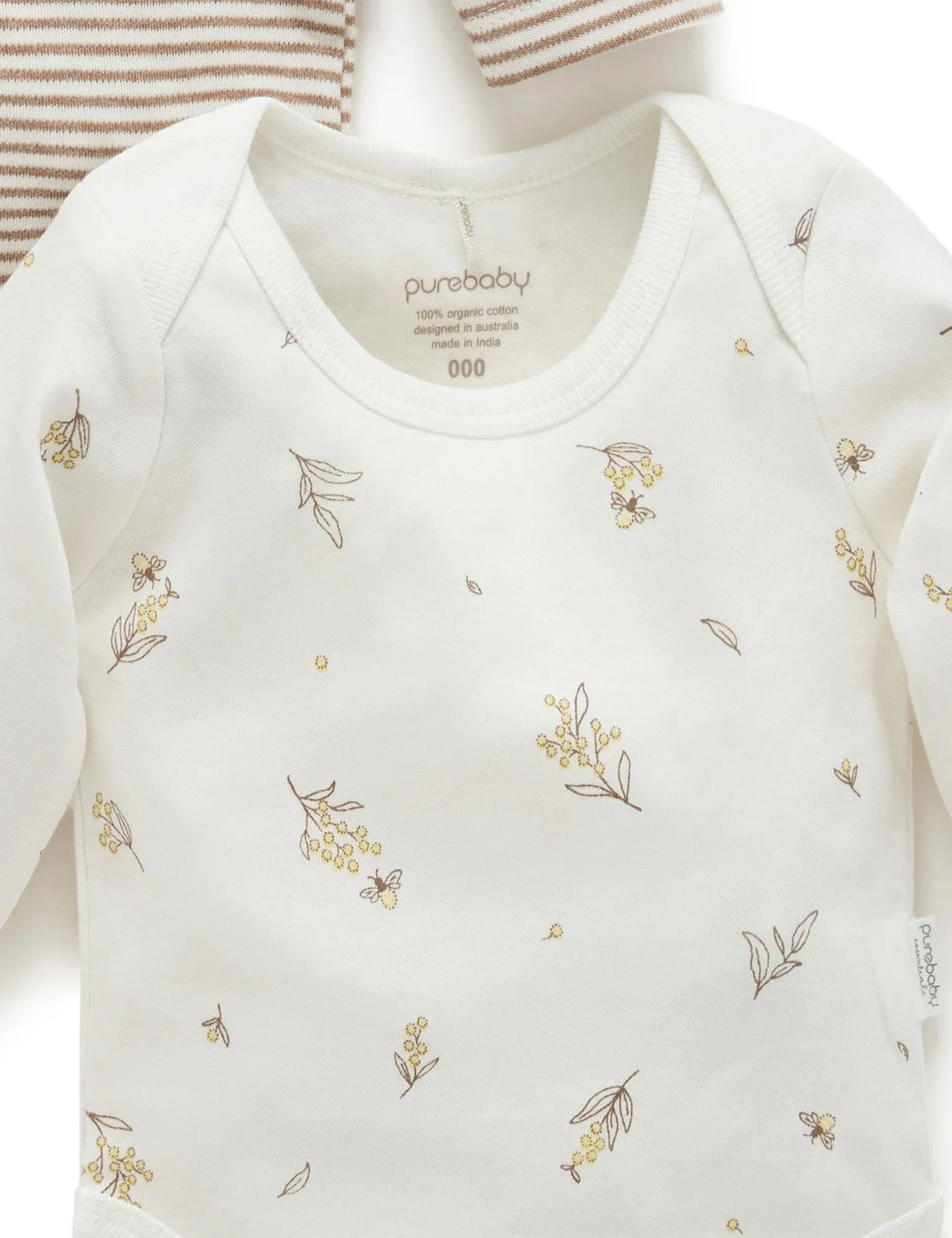 Purebaby Easy Neck Long Sleeve Bodysuit Twin Pack - Vanilla Wattle Bee