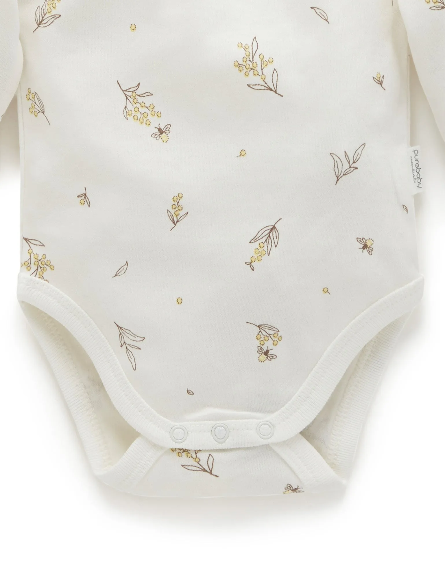 Purebaby Easy Neck Long Sleeve Bodysuit Twin Pack - Vanilla Wattle Bee