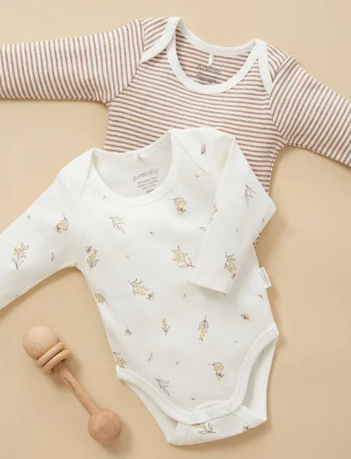 Purebaby Easy Neck Long Sleeve Bodysuit Twin Pack - Vanilla Wattle Bee