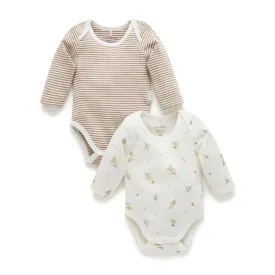 Purebaby Easy Neck Long Sleeve Bodysuit Twin Pack - Vanilla Wattle Bee