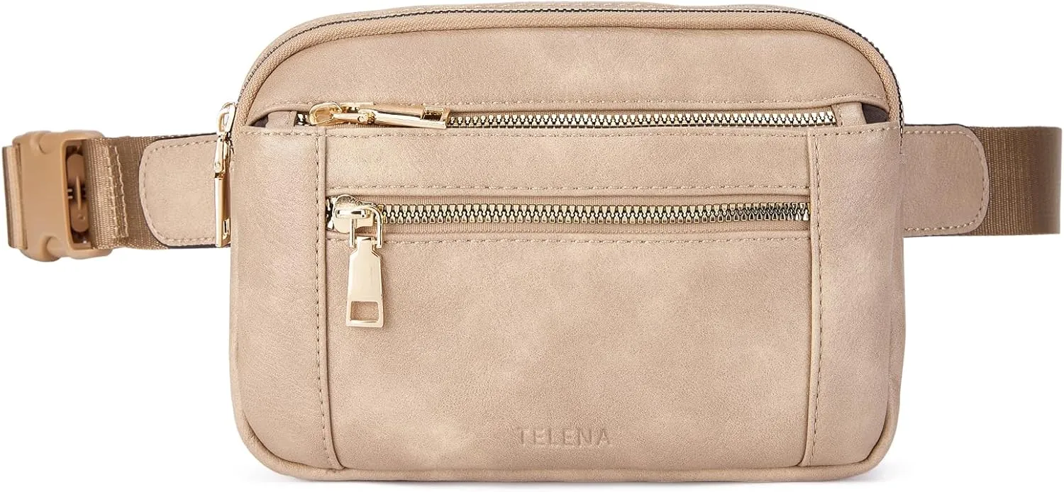 Telena Fanny Packs for Women Cross Body Bag Leather Belt Bag Fashionable Waist Bag with Adjustable Strap Light Brown