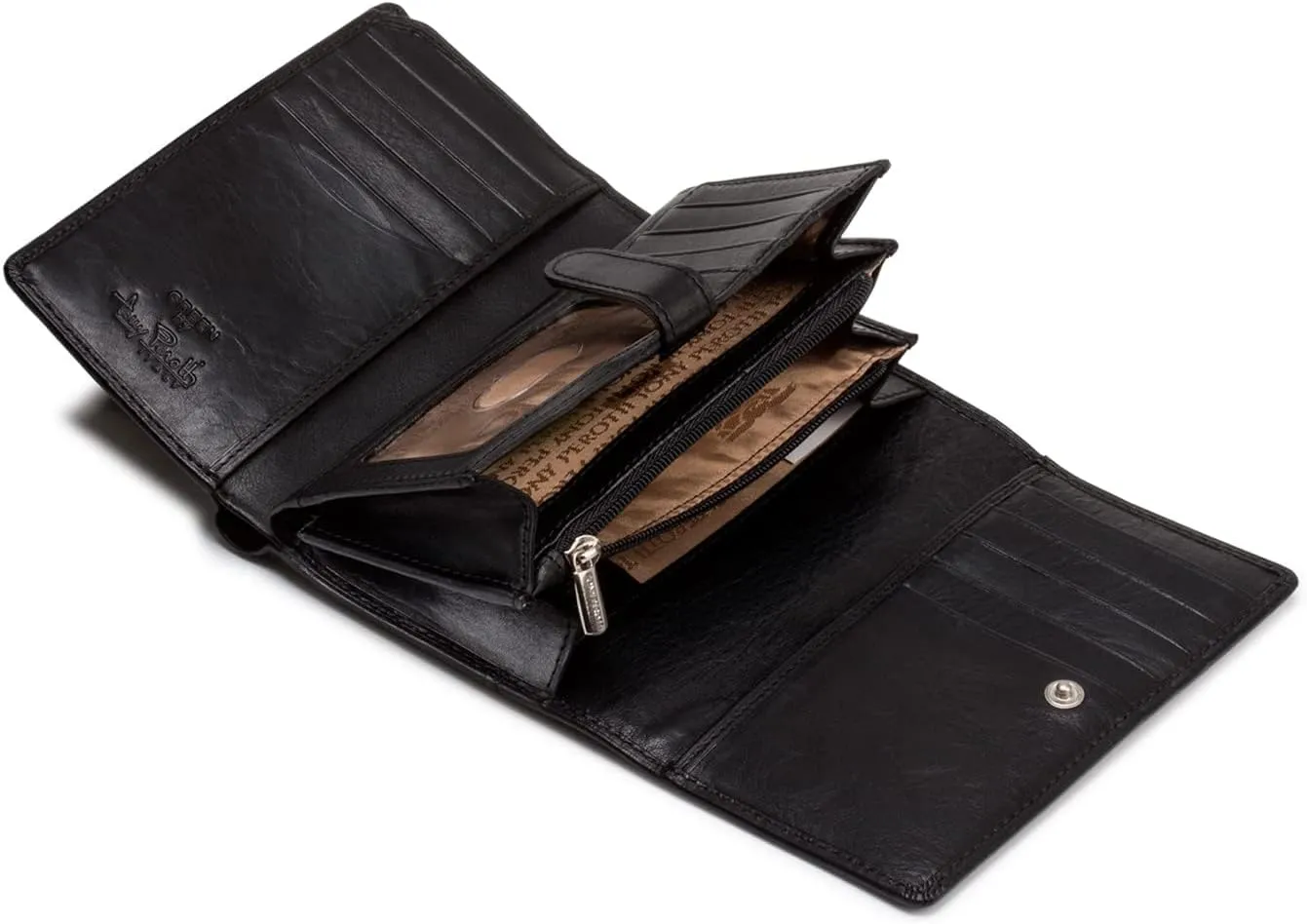 Tony Perotti Womens Italian Cow Leather Trifold Euro Clutch Wallet with ID Window and Coin Pouch in Black