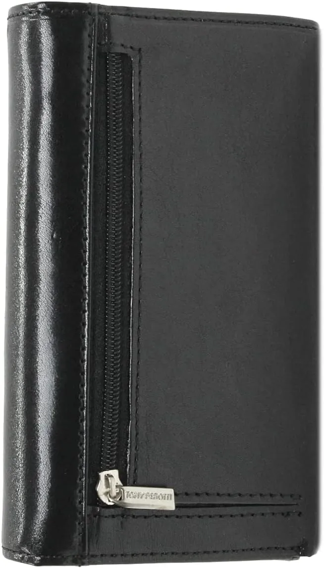 Tony Perotti Womens Italian Cow Leather Trifold Euro Clutch Wallet with ID Window and Coin Pouch in Black