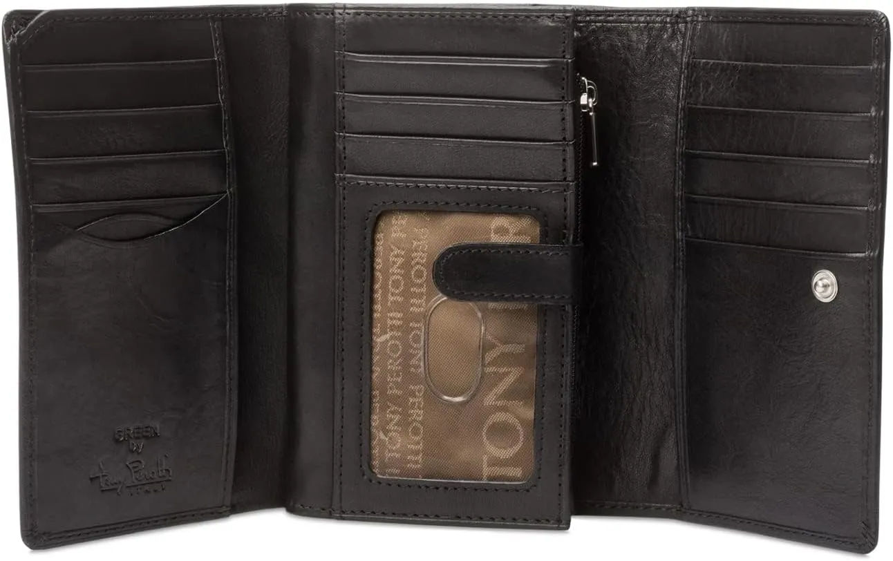 Tony Perotti Womens Italian Cow Leather Trifold Euro Clutch Wallet with ID Window and Coin Pouch in Black