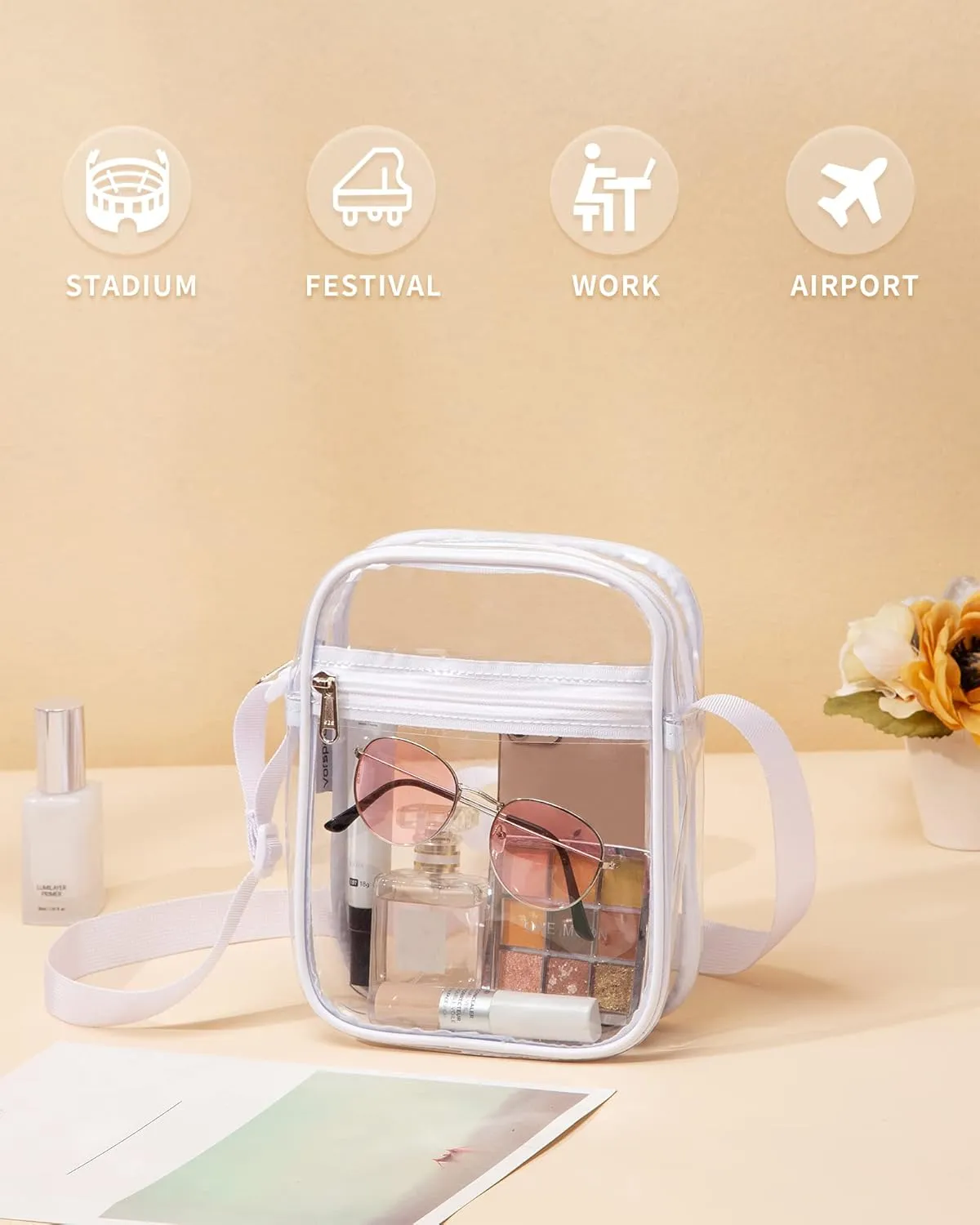 Vorspack Stadium Approved PVC Purse - Clear Crossbody Bag with Front Pocket for Concerts, Sports, Festivals
