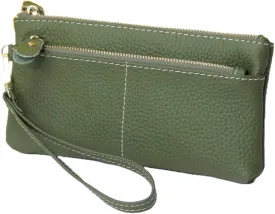 Women Genuine Real Leather Wristlet Wallet Clutch. 3 Zipped Pockets, 6 Credit Card Slots Case Coin Purse (Amy Green)