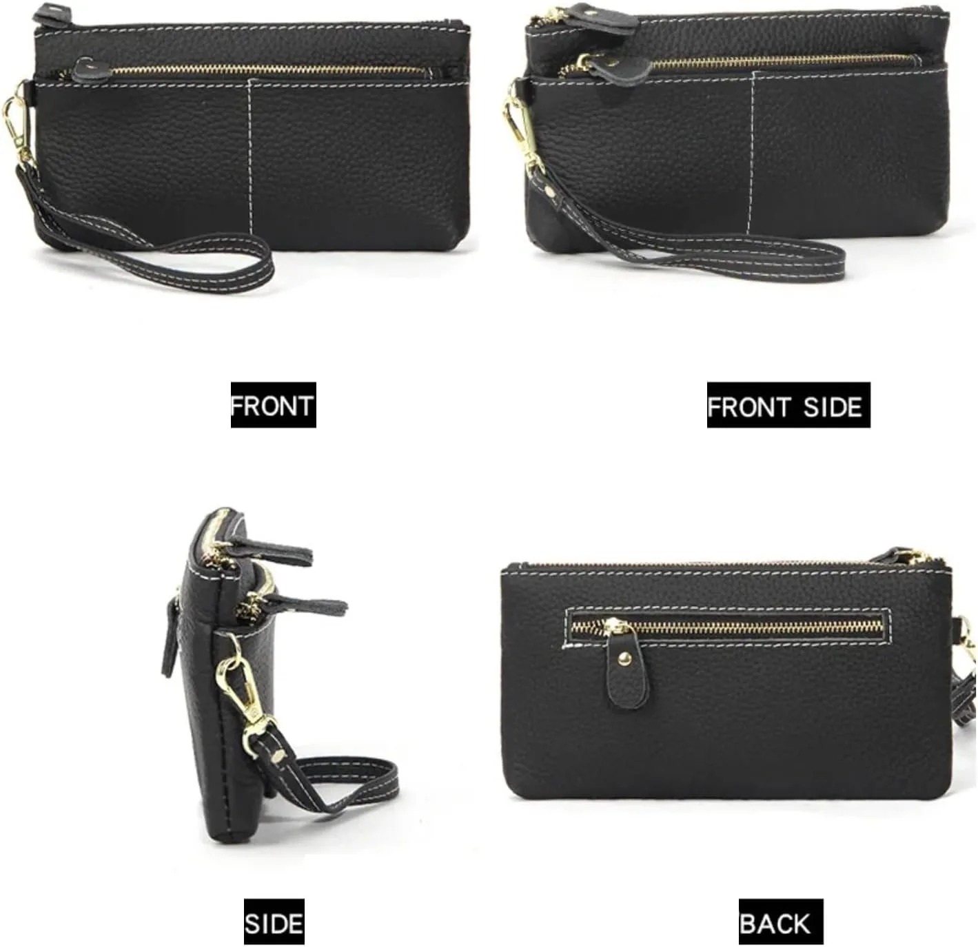 Women Genuine Real Leather Wristlet Wallet Clutch. 3 Zipped Pockets, 6 Credit Card Slots Case Coin Purse (Amy Green)