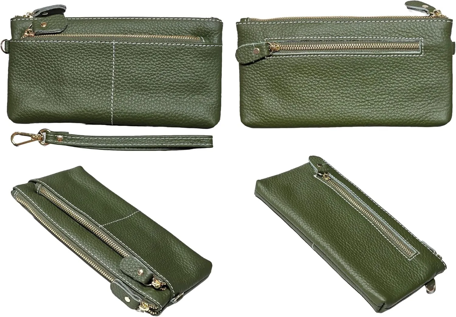 Women Genuine Real Leather Wristlet Wallet Clutch. 3 Zipped Pockets, 6 Credit Card Slots Case Coin Purse (Amy Green)