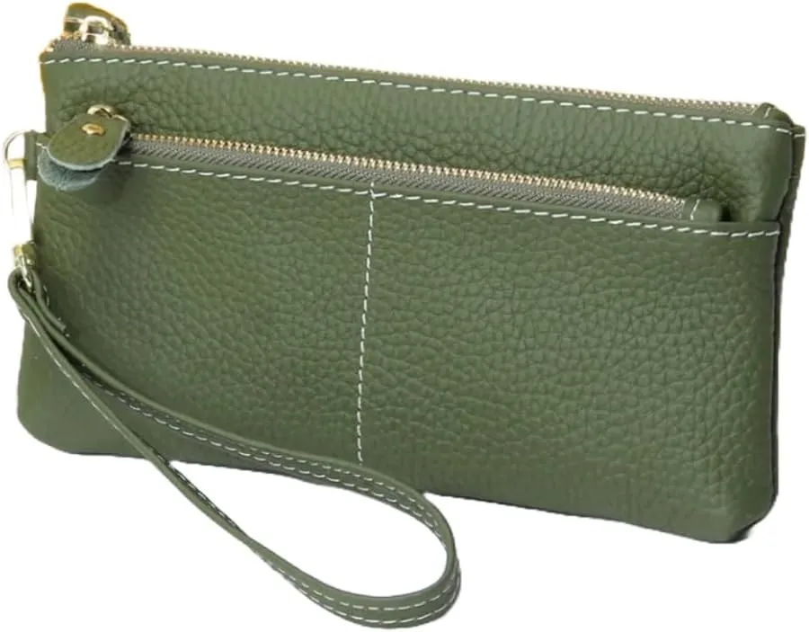 Women Genuine Real Leather Wristlet Wallet Clutch. 3 Zipped Pockets, 6 Credit Card Slots Case Coin Purse (Amy Green)