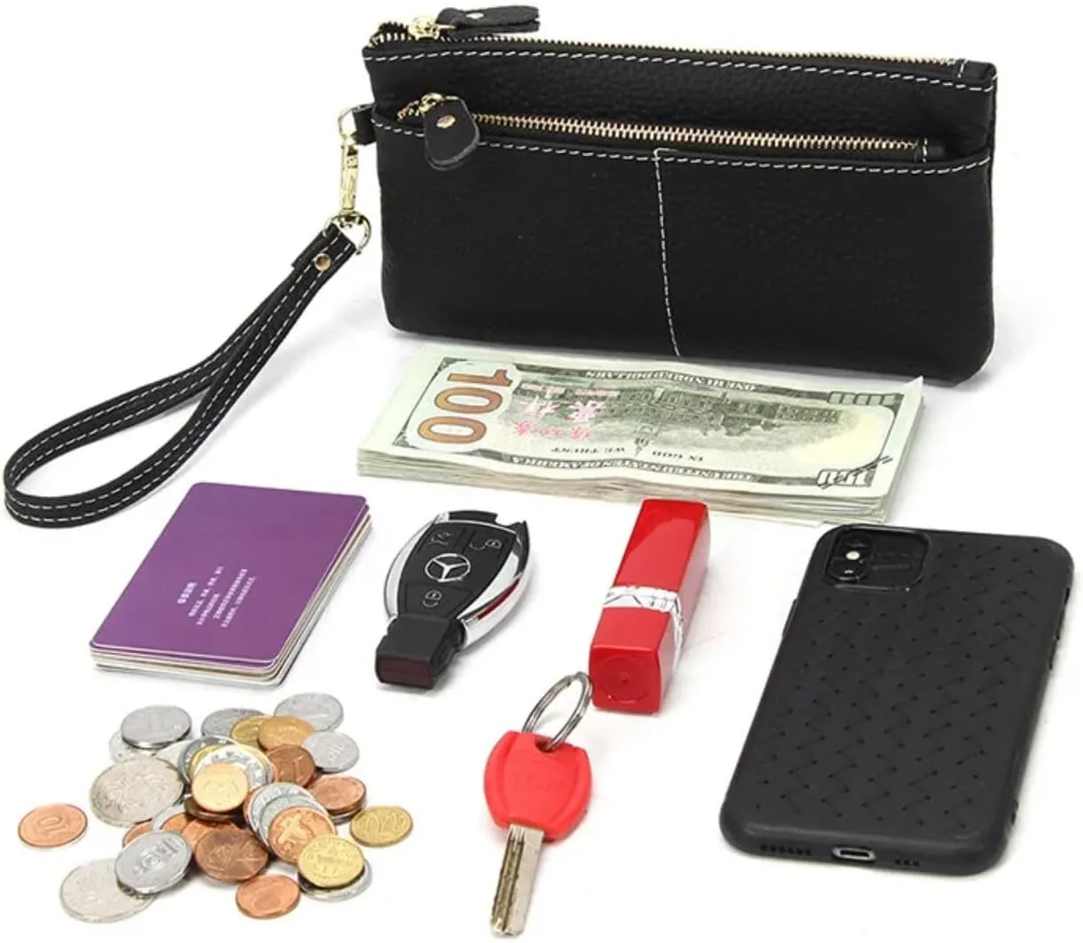 Women Genuine Real Leather Wristlet Wallet Clutch. 3 Zipped Pockets, 6 Credit Card Slots Case Coin Purse (Burgundy)