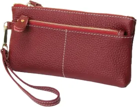 Women Genuine Real Leather Wristlet Wallet Clutch. 3 Zipped Pockets, 6 Credit Card Slots Case Coin Purse (Burgundy)