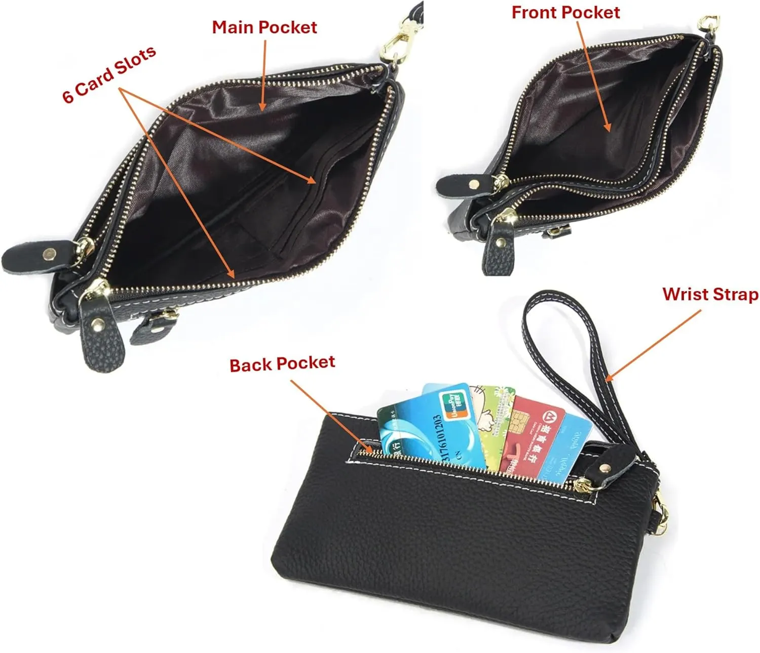 Women Genuine Real Leather Wristlet Wallet Clutch. 3 Zipped Pockets, 6 Credit Card Slots Case Coin Purse (Burgundy)