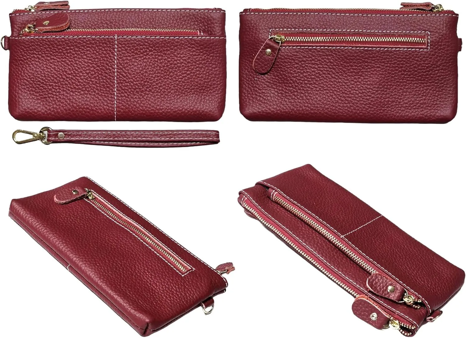 Women Genuine Real Leather Wristlet Wallet Clutch. 3 Zipped Pockets, 6 Credit Card Slots Case Coin Purse (Burgundy)