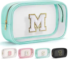 YOOLIFE Initial Make Up Bag Travel Toiletry Bag, Clear Makeup Bag Preppy Cosmetic Bags Organizer Travel Essentials Gifts for Women Teen Girlfriend Teacher Mom Birthday Girl Gifts Makeup Case Blue M